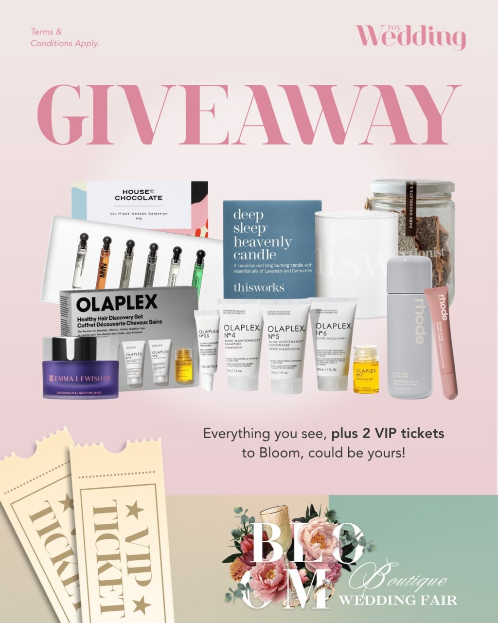 We’re teaming up with @bloom_weddingfair to give one lucky winner the ultimate beauty and bridal-inspired prize pack valued at over $600!

You’ll win:

x2 VIP Bloom Tickets
House of Chocolate 6 Piece Selection (100g)
The Confectionist Handmade Almond Toffee with Dark Chocolate Jar (200g)
Emma Lewisham Supernatural Sleeping Mask
Rhode Peptide Lip Tint Nourishing Glaze, Toast
Rhode Glazing Milk Ceramide Facial Essence
Olaplex Healthy Hair Discovery Set
Comme des Garçons Discovery Sampling Set
This Works Deep Sleep Heavenly Candle

To enter:
Follow @myweddingmag and @bloom_weddingfair 
Tag the person you’d bring with you in the comments below

Good luck! Entries close 02.08.26 
See you at Bloom! ✨

One entry per person & Terms and conditions can be found in the comments. 💕