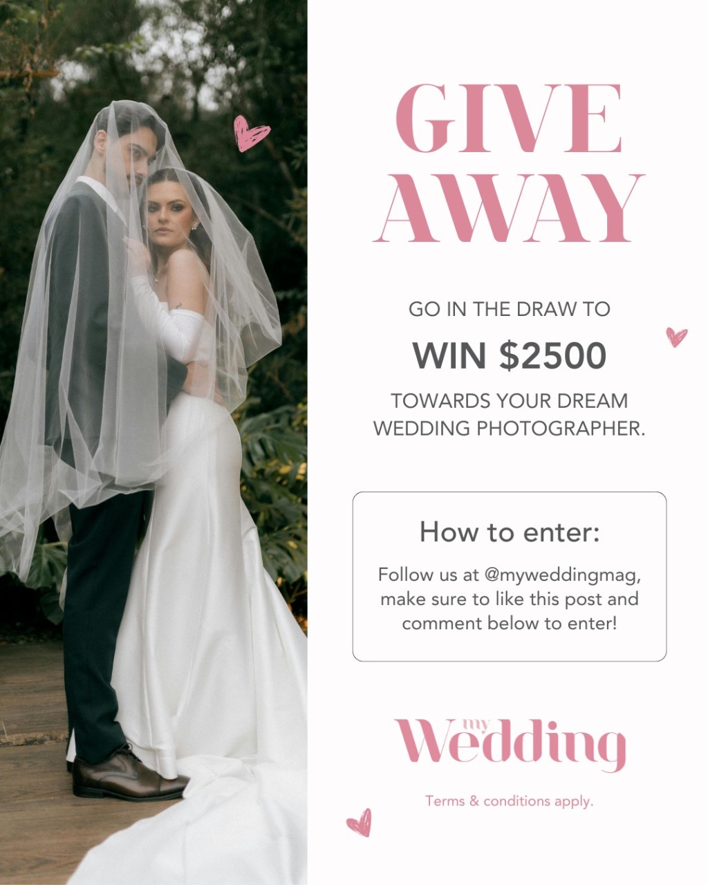 VALENTINE’S GIVEAWAY 

We’re giving one lucky couple the chance to WIN $2,500 to put towards their dream wedding photographer. 📸✨

Because your love story deserves to be captured beautifully, from the first look to the last dance. 

How to enter:
- Follow @myweddingmag
- Like this post
- Comment below to enter (1 comment = 1 entry)

Want an extra entry? Share this to your story and tag us so we can see it. 🤍

Entries close 15.03.2026.
Good luck, lovebirds 💕